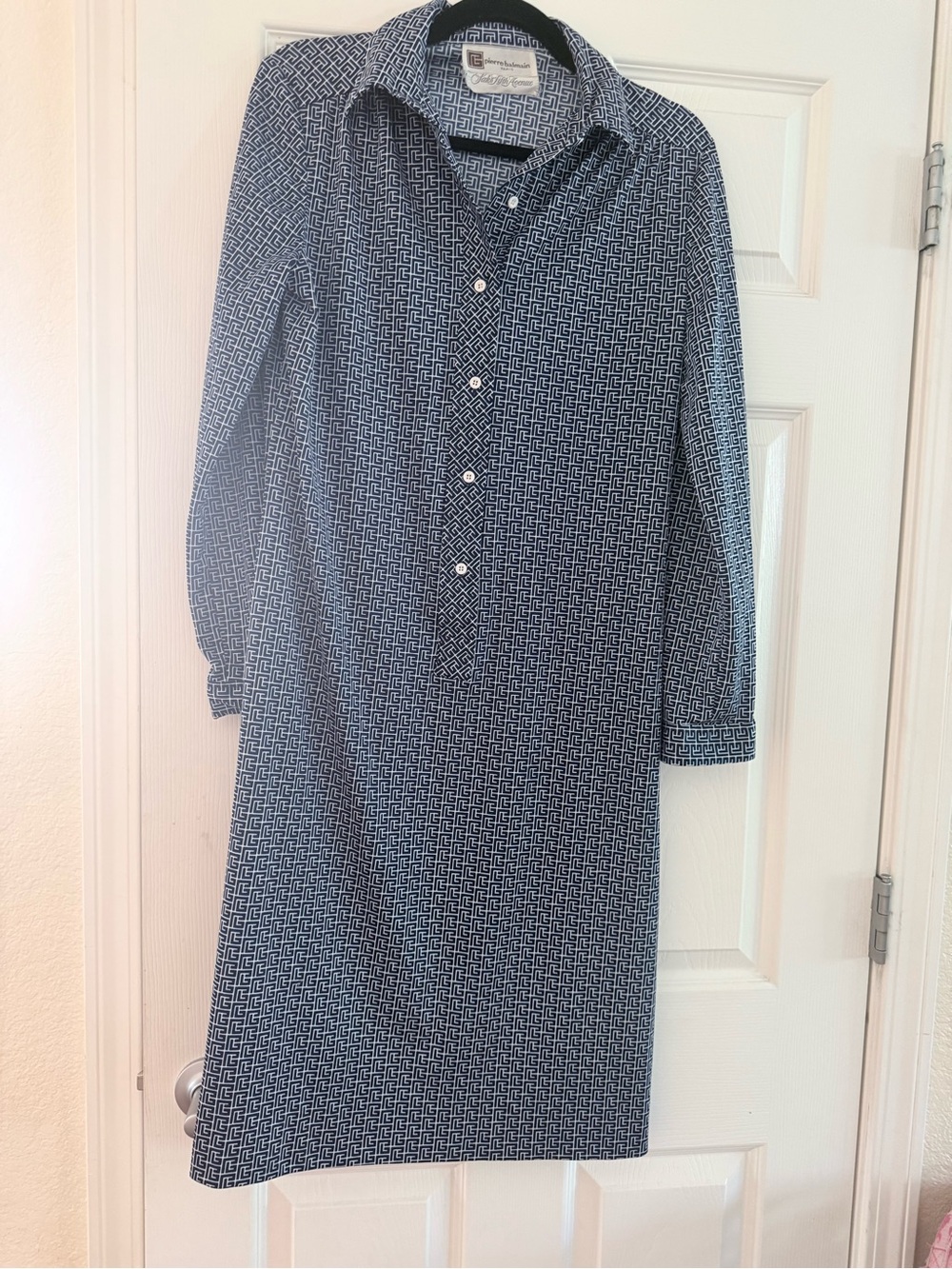 Pierre Balmain Navy and White Geometric Long-Sleeve Shirt Dress